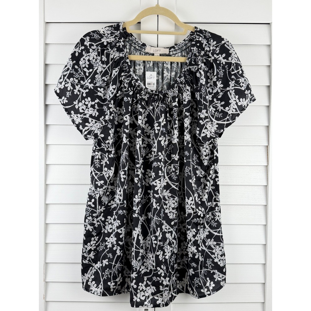 LOFT Blouse XL Black White Floral Smocked Neck Short Sleeve NEW